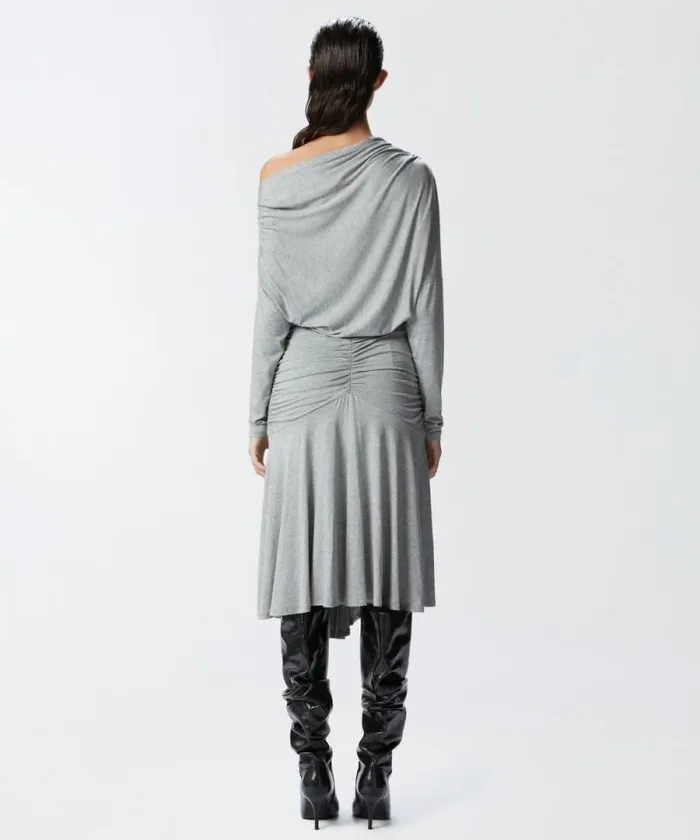 Women Dresses Pinko Draped Jersey Midi Dress With Exposed Shoulder Drizzle Grey Women Dresses Pinko Draped Jersey Midi Dress With Exposed Shoulder Drizzle Grey