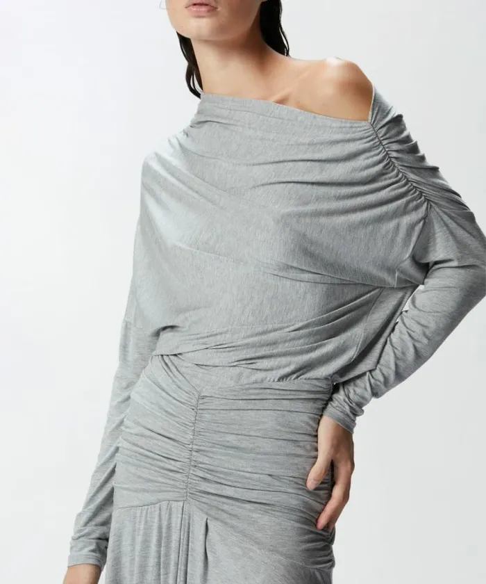 Women Dresses Pinko Draped Jersey Midi Dress With Exposed Shoulder Drizzle Grey Women Dresses Pinko Draped Jersey Midi Dress With Exposed Shoulder Drizzle Grey