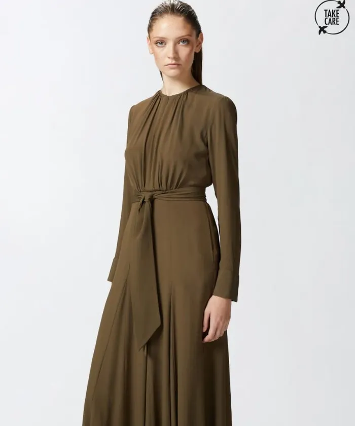 Women Dresses Pinko Long Silkblend Dress With Belt And Long Sleeves Greenundergrowth