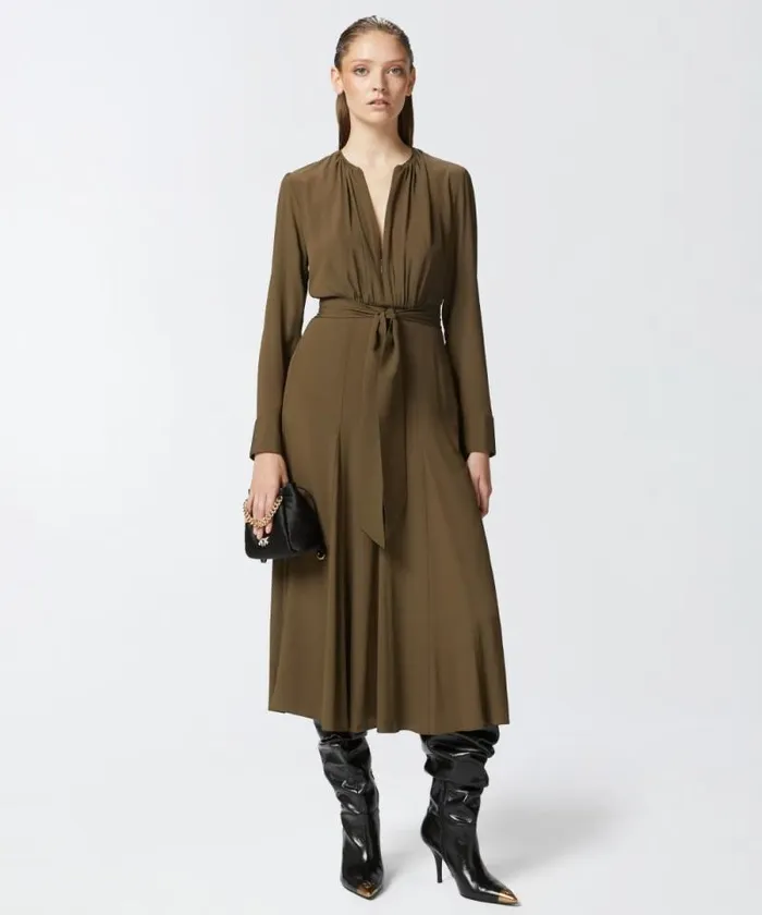 Women Dresses Pinko Long Silkblend Dress With Belt And Long Sleeves Greenundergrowth Women Dresses Pinko Long Silkblend Dress With Belt And Long Sleeves Greenundergrowth