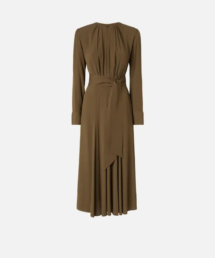 Women Dresses Pinko Long Silkblend Dress With Belt And Long Sleeves Greenundergrowth Women Dresses Pinko Long Silkblend Dress With Belt And Long Sleeves Greenundergrowth