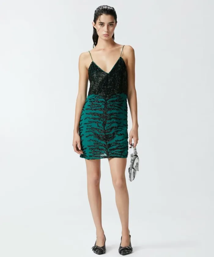 Women Dresses Pinko Mini Dress With Zebra Sequin Embroidery Greenblack