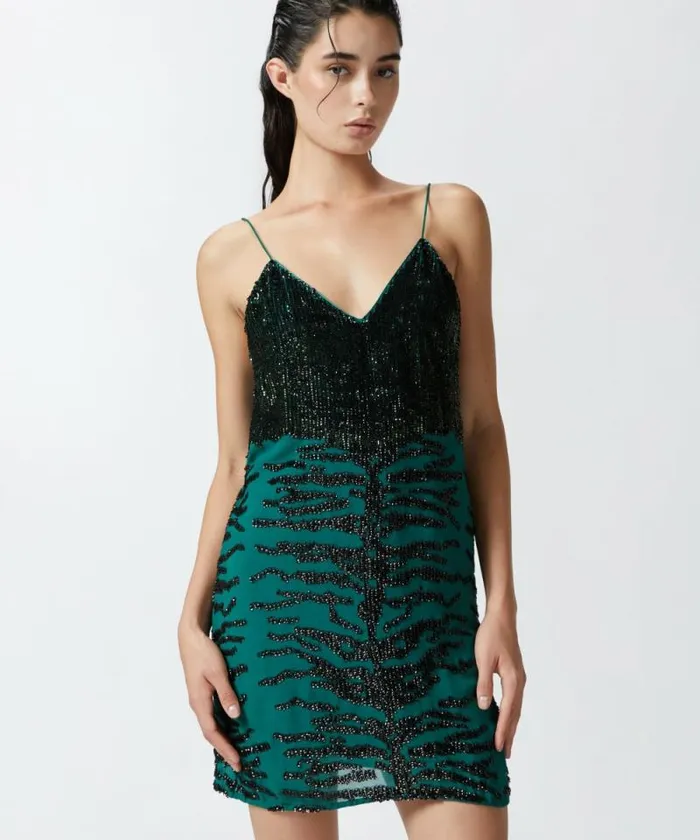 Women Dresses Pinko Mini Dress With Zebra Sequin Embroidery Greenblack Women Dresses Pinko Mini Dress With Zebra Sequin Embroidery Greenblack