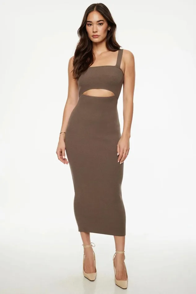 Women Dynamite Dresses and Jumpsuits Cut Out Knit Midi Dress BROWN
