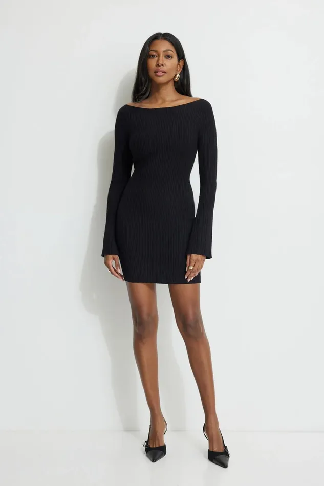 Women Dynamite Dresses and Jumpsuits Ribbed Boat Neck Mini Dress Black