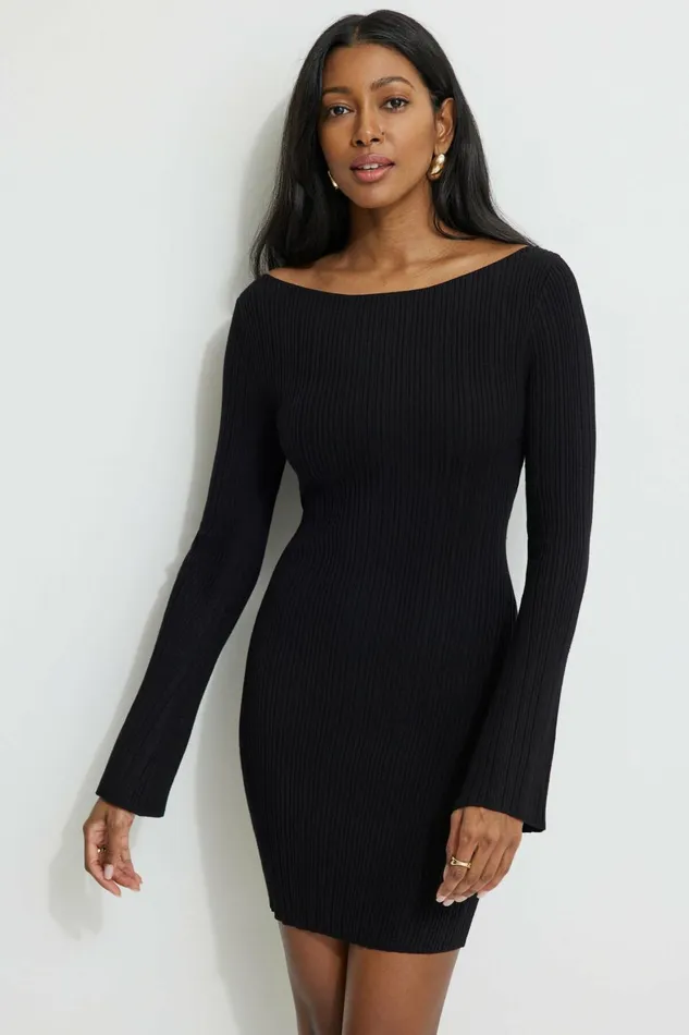 Women Dynamite Dresses and Jumpsuits Ribbed Boat Neck Mini Dress Black