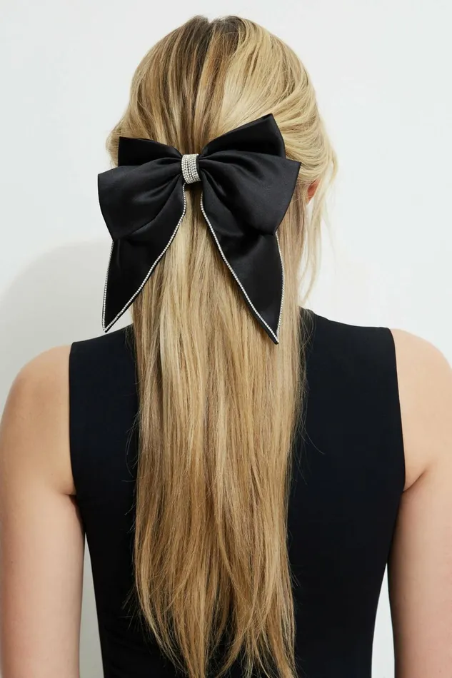 Women Dynamite Hair Accessories Gem Bow Satin Hair Clip BLACK