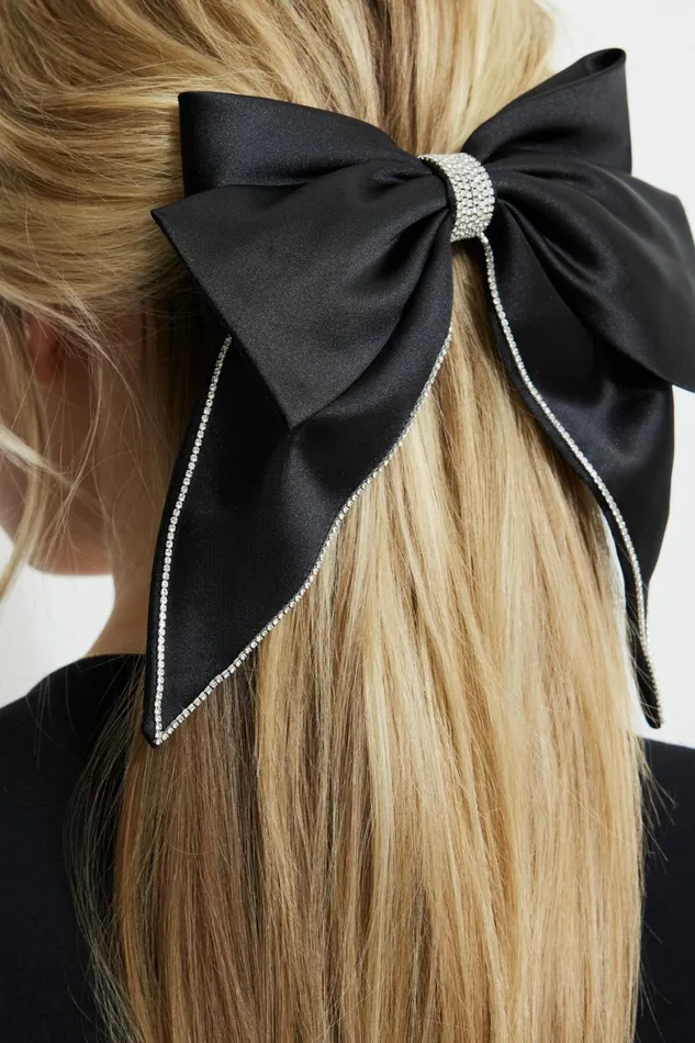 Women Dynamite Hair Accessories Gem Bow Satin Hair Clip BLACK