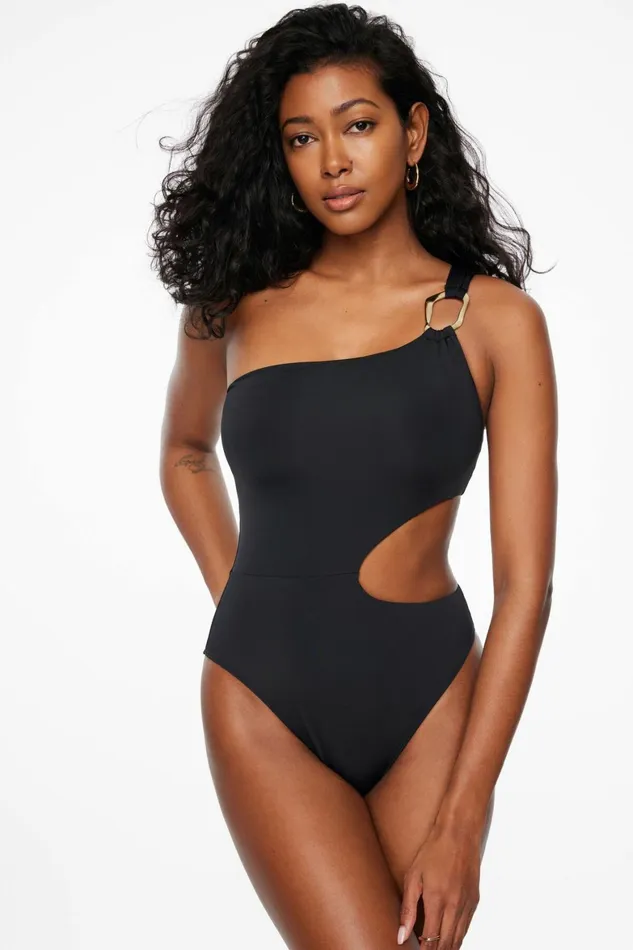 Women Dynamite Swimwear One Shoulder Cutout One Piece Black
