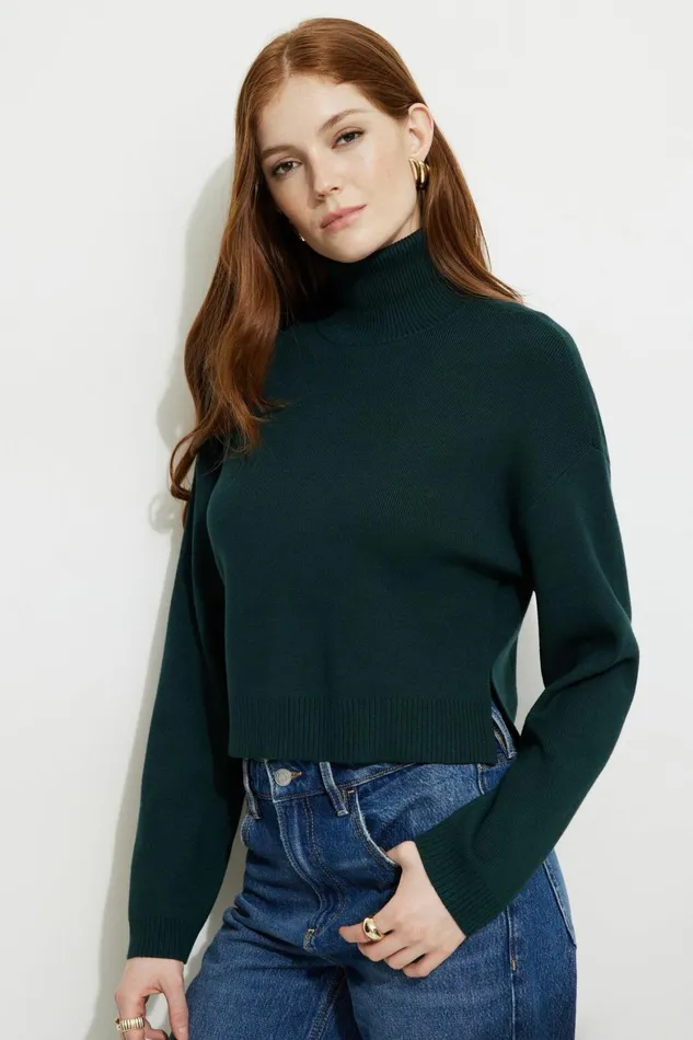 Women Dynamite Tops Cropped Turtleneck Sweater Green
