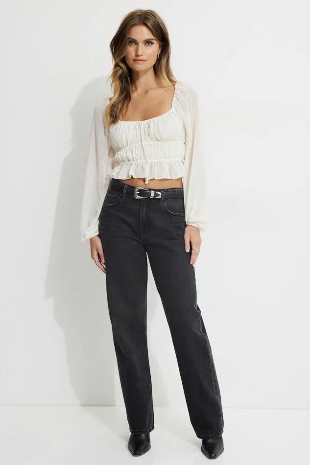 Women Dynamite Tops Marilena Front Tie Blouse Beige
