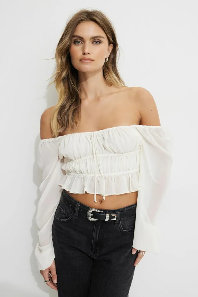 Women Dynamite Tops Marilena Front Tie Blouse Beige