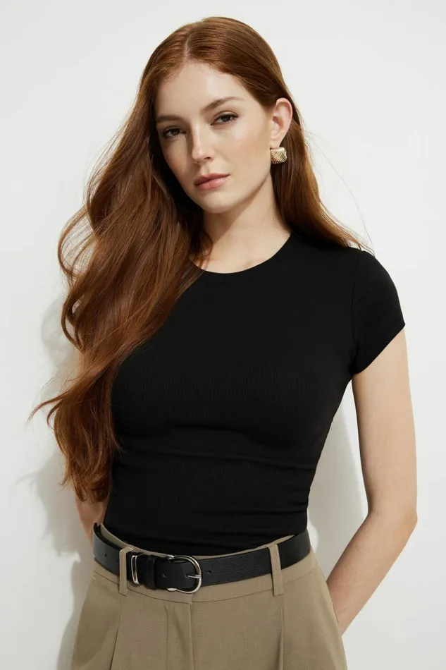 Women Dynamite Tops Ribbed Crewneck Waist T Shirt Black