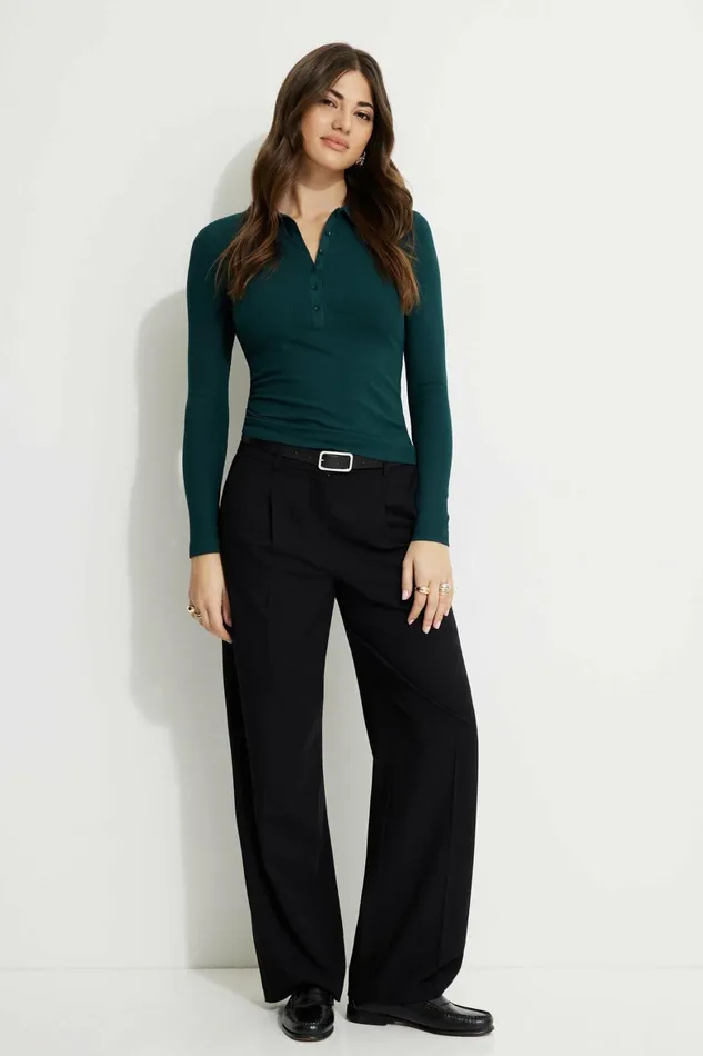 Women Dynamite Tops Ribbed Long Sleeve Polo Green