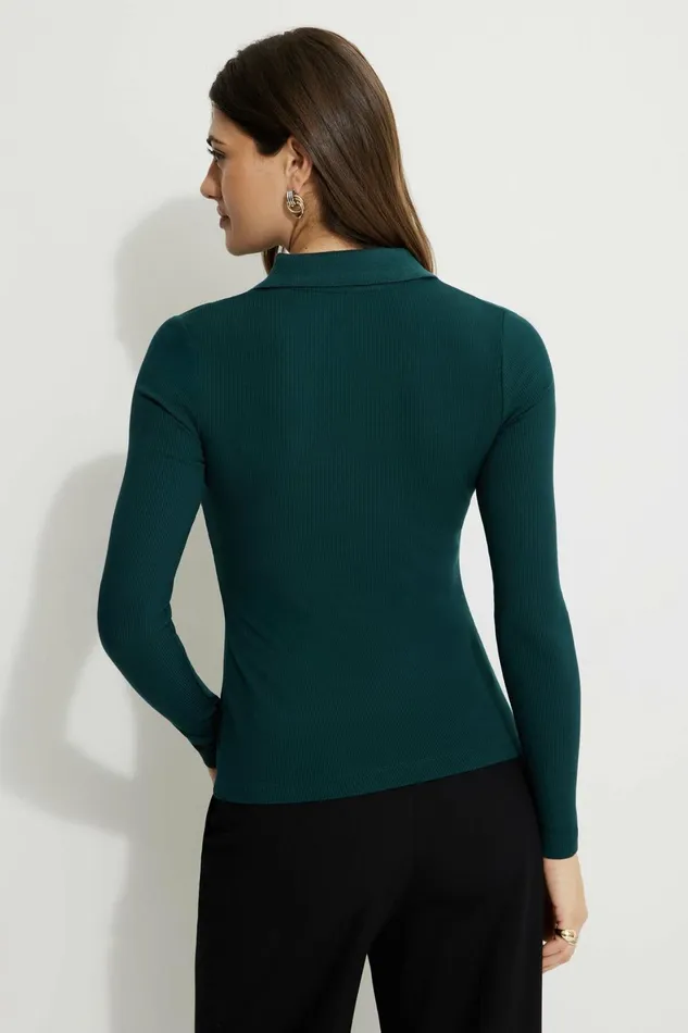 Women Dynamite Tops Ribbed Long Sleeve Polo Green