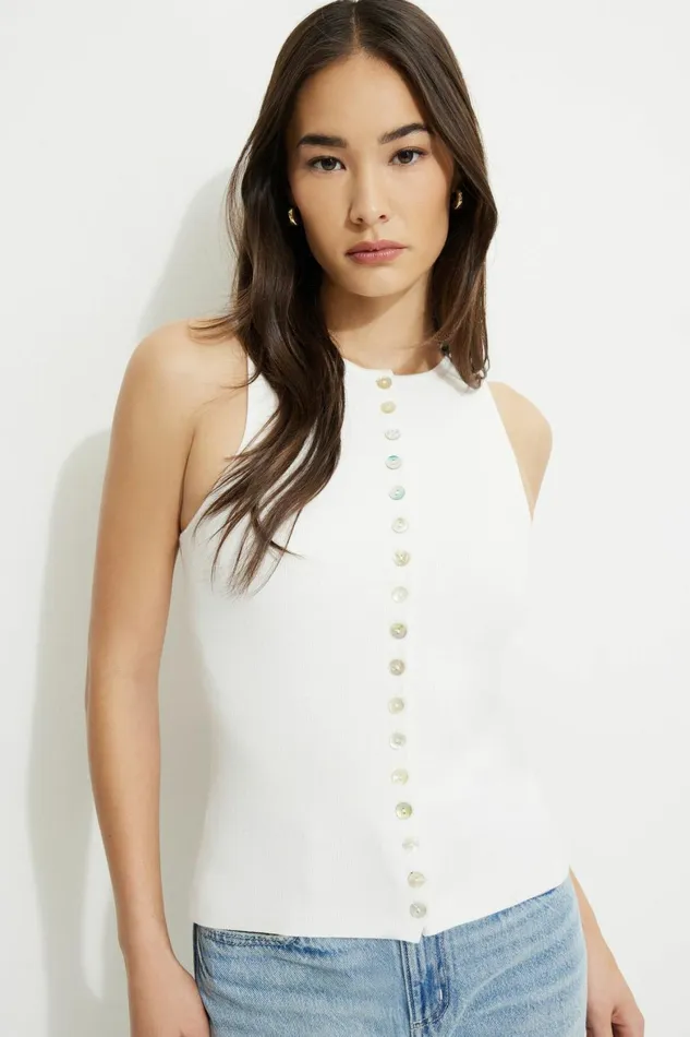 Women Dynamite Tops Ribbed Pearl Button Vest White