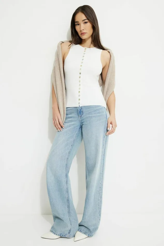 Women Dynamite Tops Ribbed Pearl Button Vest White