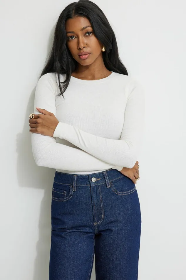 Women Dynamite Tops Tedi Ribbed Long Sleeve T Shirt White