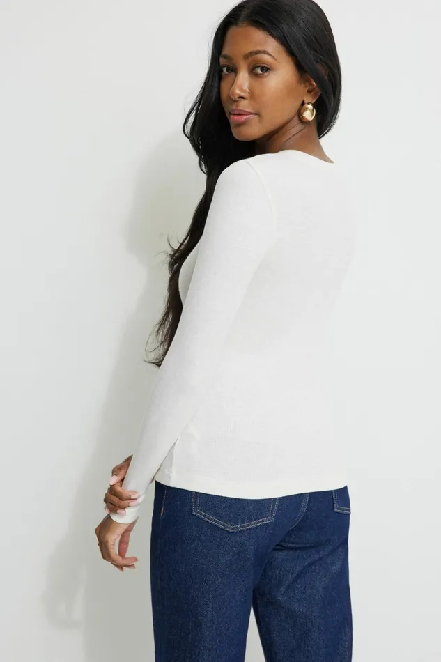 Women Dynamite Tops Tedi Ribbed Long Sleeve T Shirt White