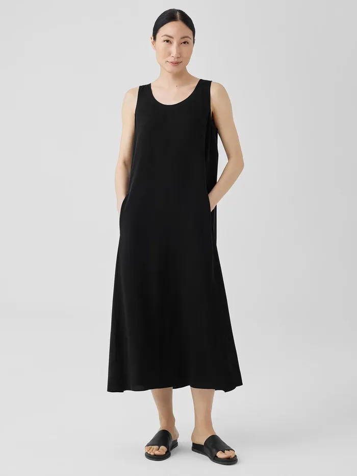 Women Eileen Fisher Dresses and Skirts Silk Georgette Crepe Scoop Neck Dress Black