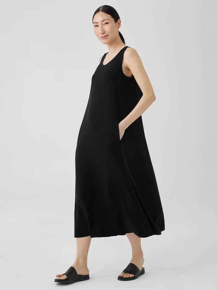Women Eileen Fisher Dresses and Skirts Silk Georgette Crepe Scoop Neck Dress Black