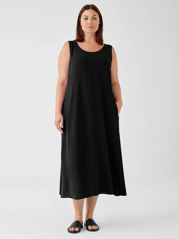 Women Eileen Fisher Dresses and Skirts Silk Georgette Crepe Scoop Neck Dress Black
