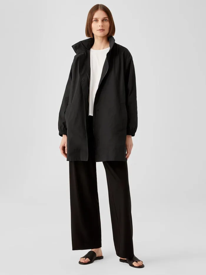 Women Eileen Fisher Jackets Coats and Vests Light Cotton Nylon Stand Collar Long Coat Black