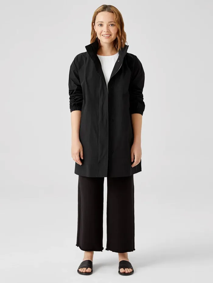 Women Eileen Fisher Jackets Coats and Vests Light Cotton Nylon Stand Collar Long Coat Black