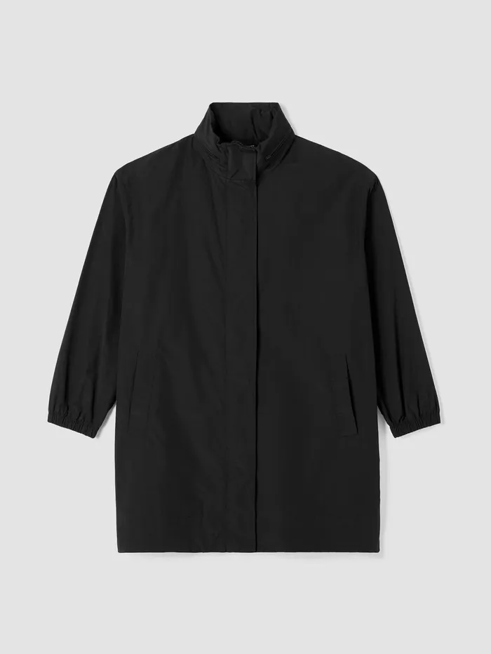 Women Eileen Fisher Jackets Coats and Vests Light Cotton Nylon Stand Collar Long Coat Black