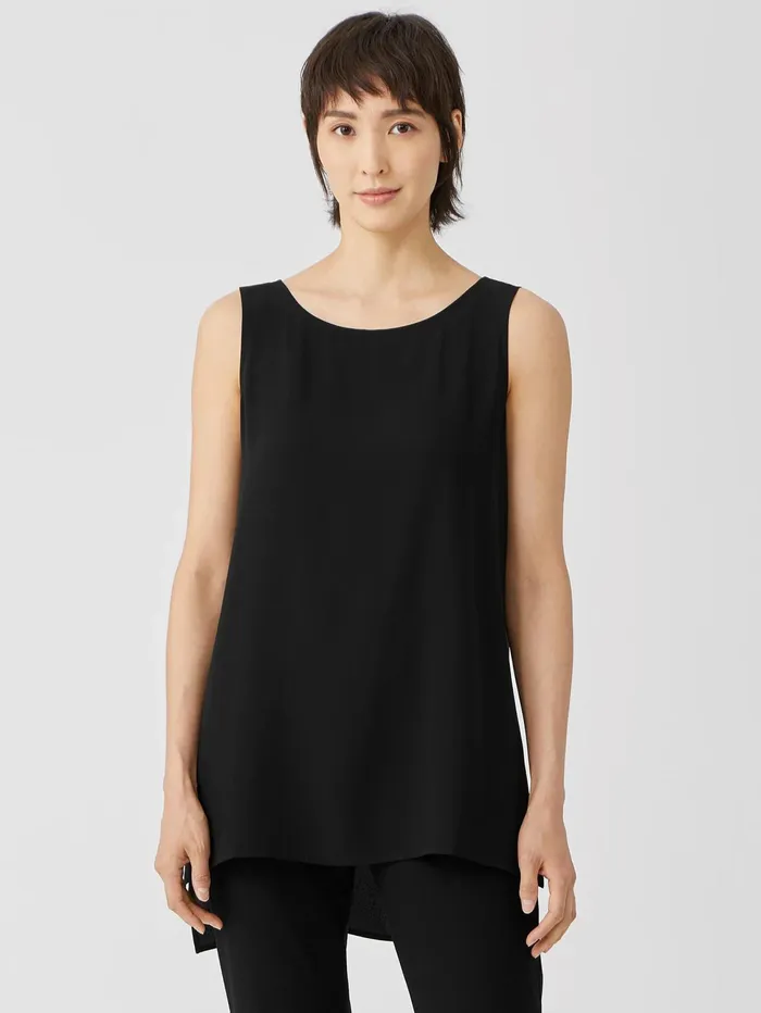 Women Eileen Fisher Petite Silk Georgette Crepe Bateau Neck Tank Black