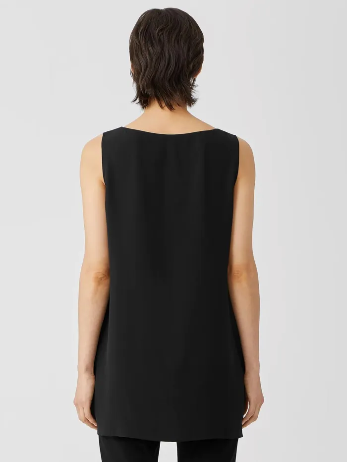 Women Eileen Fisher Petite Silk Georgette Crepe Bateau Neck Tank Black