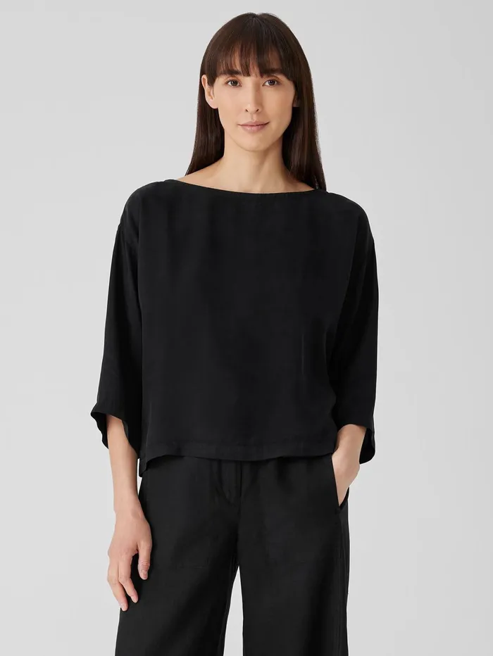 Women Eileen Fisher Tops and Tees Sandwashed TwillBoxTop Black