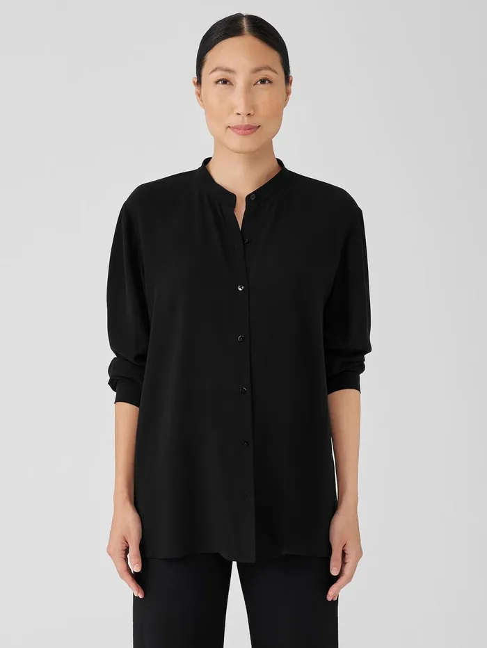 Women Eileen Fisher Tops and Tees Silk Georgette Crepe Mandarin Collar Shirt Black Women Eileen Fisher Tops and Tees Silk Georgette Crepe Mandarin Collar Shirt Black