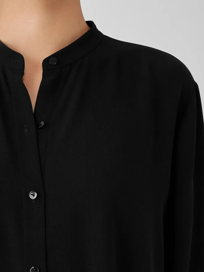 Women Eileen Fisher Tops and Tees Silk Georgette Crepe Mandarin Collar Shirt Black