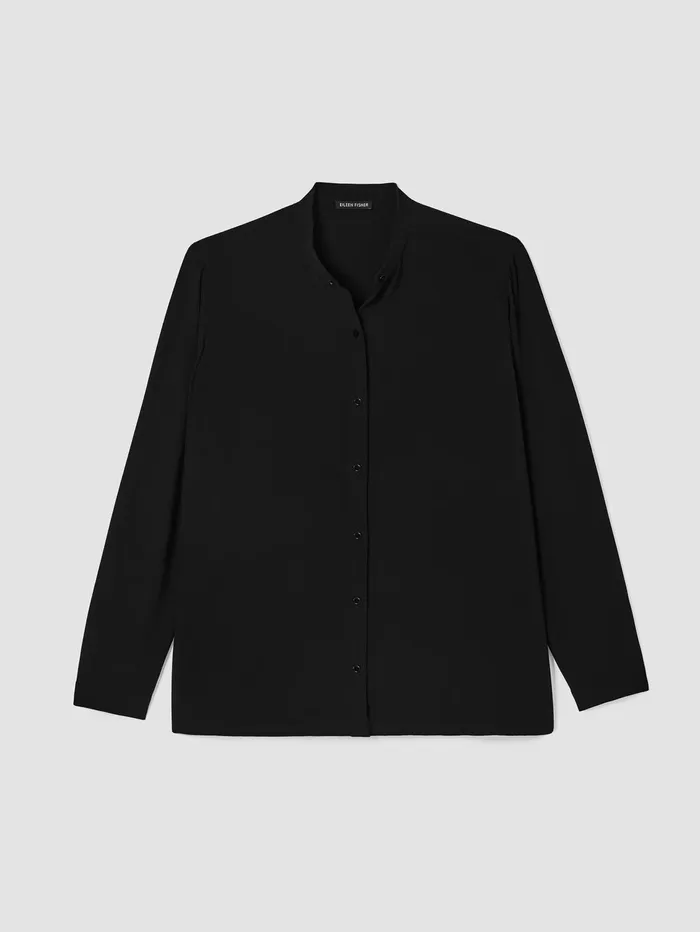 Women Eileen Fisher Tops and Tees Silk Georgette Crepe Mandarin Collar Shirt Black