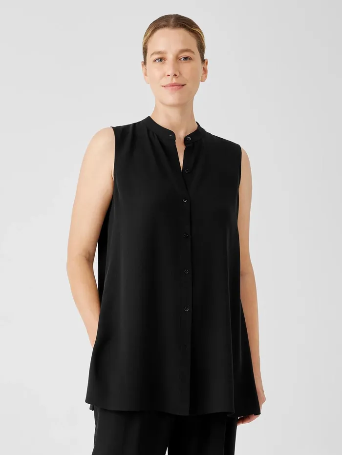 Women Eileen Fisher Tops and Tees Silk Georgette Crepe Sleeveless Shirt Black Women Eileen Fisher Tops and Tees Silk Georgette Crepe Sleeveless Shirt Black