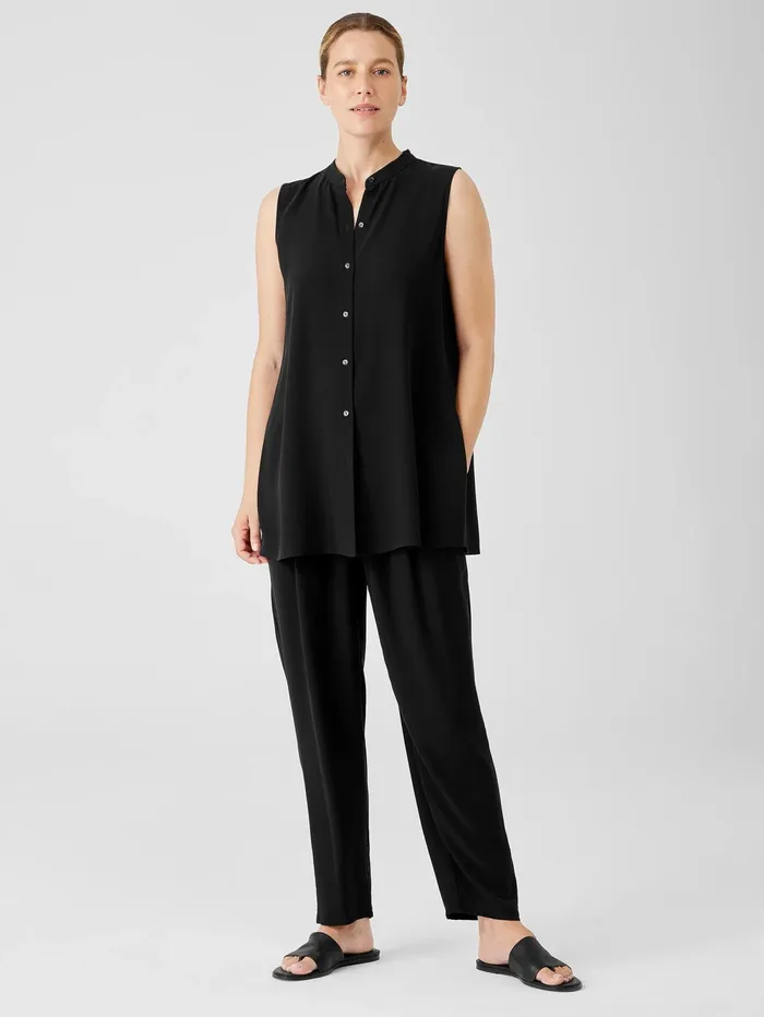 Women Eileen Fisher Tops and Tees Silk Georgette Crepe Sleeveless Shirt Black