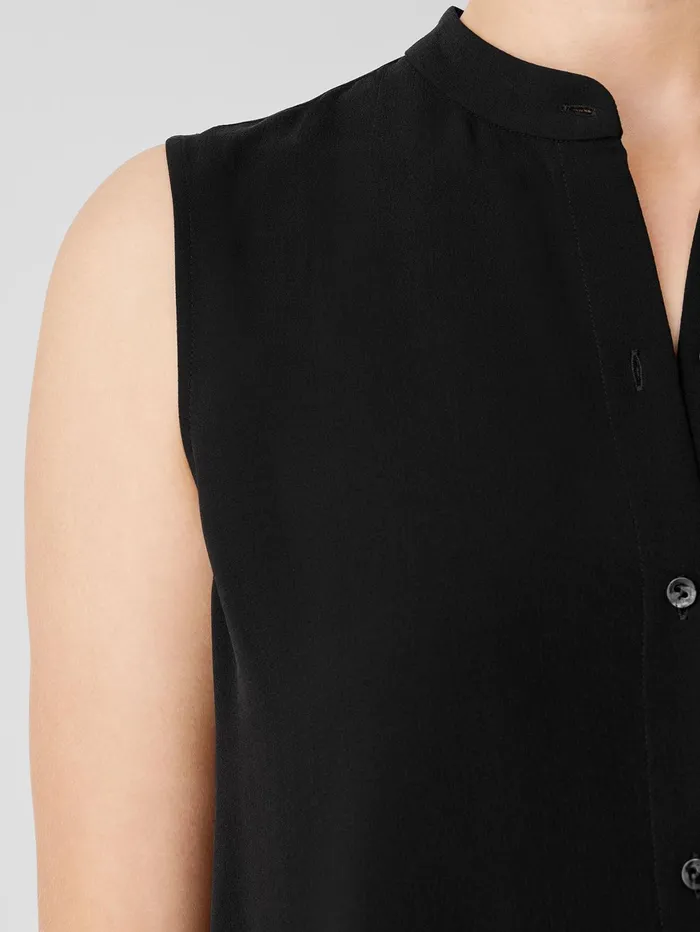 Women Eileen Fisher Tops and Tees Silk Georgette Crepe Sleeveless Shirt Black