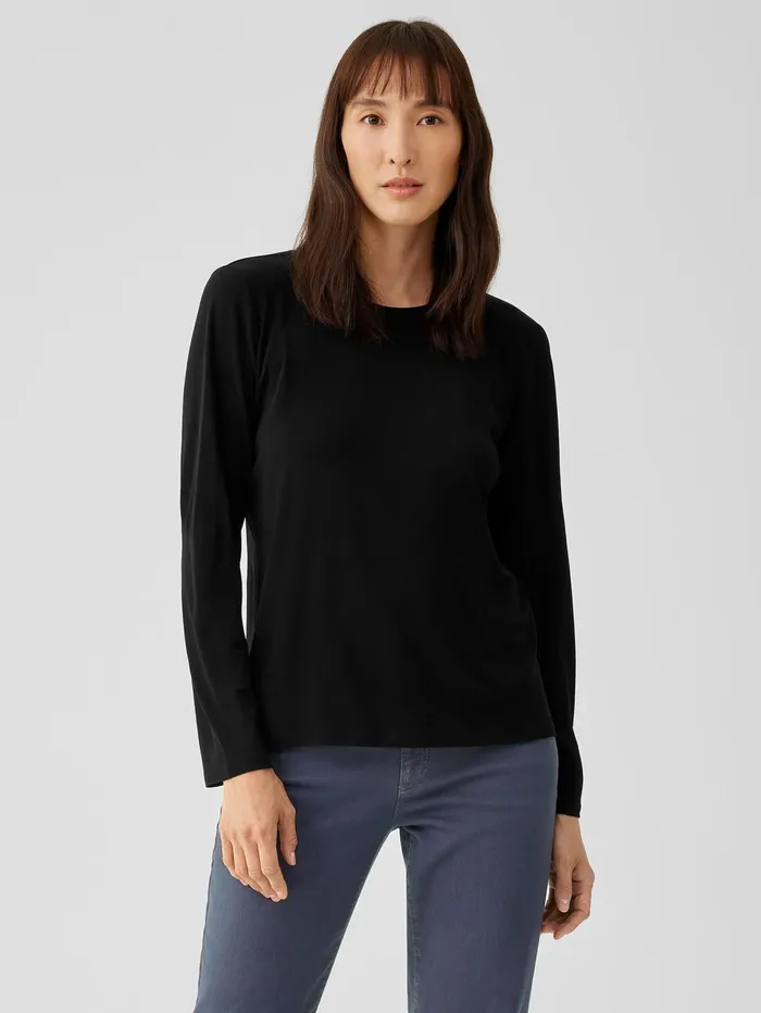 Women Eileen Fisher Tops and Tees Stretch Silk Jersey Crew Neck Top Black