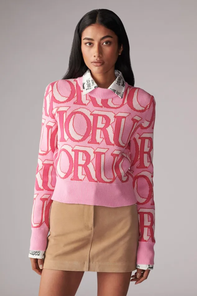 Women Fiorucci Sweatshirts and Hoodies Monogram Logo Crop Knit Jumper Pink