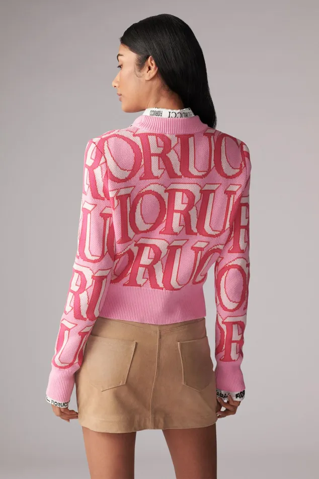 Women Fiorucci Sweatshirts and Hoodies Monogram Logo Crop Knit Jumper Pink