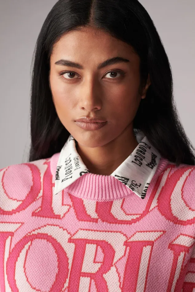 Women Fiorucci Sweatshirts and Hoodies Monogram Logo Crop Knit Jumper Pink