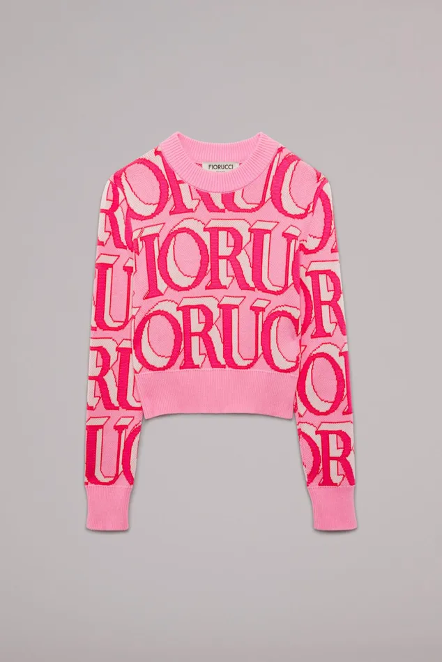 Women Fiorucci Sweatshirts and Hoodies Monogram Logo Crop Knit Jumper Pink