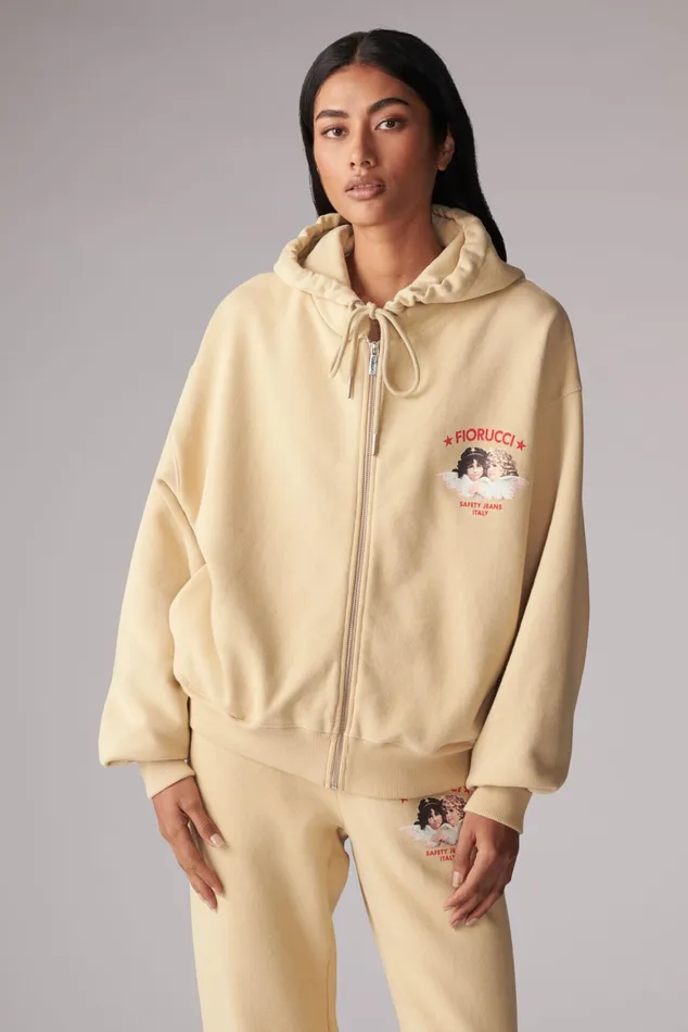 Women Fiorucci Sweatshirts and Hoodies Safety Angels ZipUp Hoodie Beige Women Fiorucci Sweatshirts and Hoodies Safety Angels ZipUp Hoodie Beige