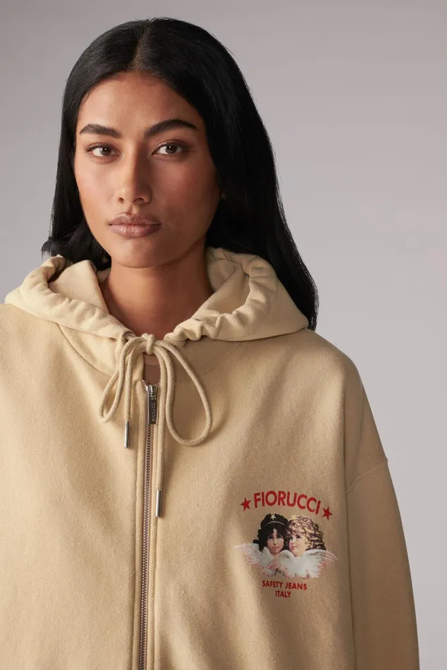 Women Fiorucci Sweatshirts and Hoodies Safety Angels ZipUp Hoodie Beige Women Fiorucci Sweatshirts and Hoodies Safety Angels ZipUp Hoodie Beige