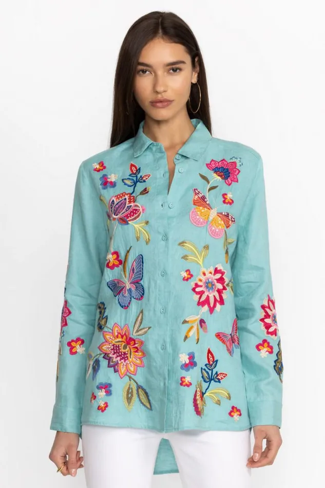 Women GRACEY LINEN OVERSIZED SHIRT Marine Blue Johnny Was Tops Women GRACEY LINEN OVERSIZED SHIRT Marine Blue Johnny Was Tops