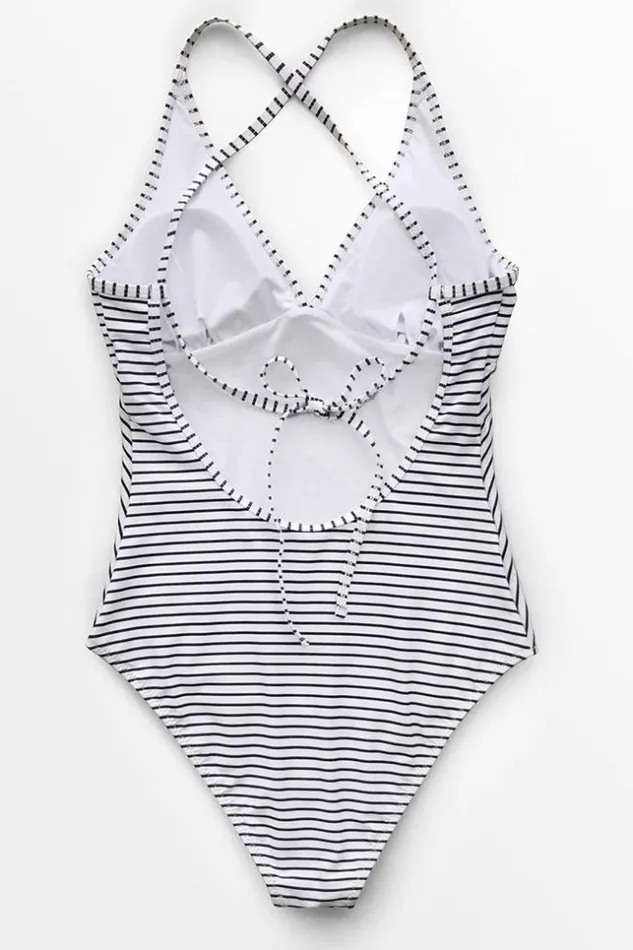 Women Halter and Lace Up Swimsuits Cupshe Black And White Stripe Vneck One Piece Swimsuit Blackwhite