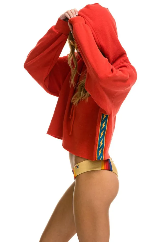 Women Hoodies Aviator Nation Bolt Stripe Relaxed Cropped Pullover Hoodie 8211 Red