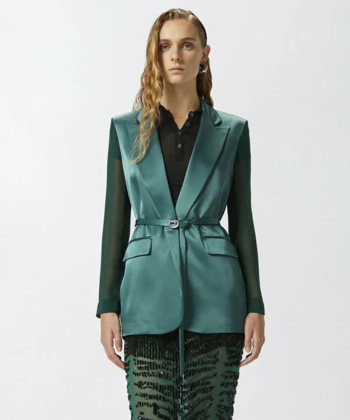 Women Jackets Pinko Shiny Blazer With Transparent Sleeves Dark Bottle Green