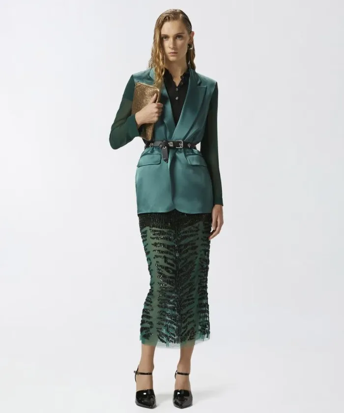 Women Jackets Pinko Shiny Blazer With Transparent Sleeves Dark Bottle Green Women Jackets Pinko Shiny Blazer With Transparent Sleeves Dark Bottle Green